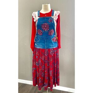 Upcycled Boho Blue Denim & Red Jersey Overall Maxi Dress with Appliqués, Size M